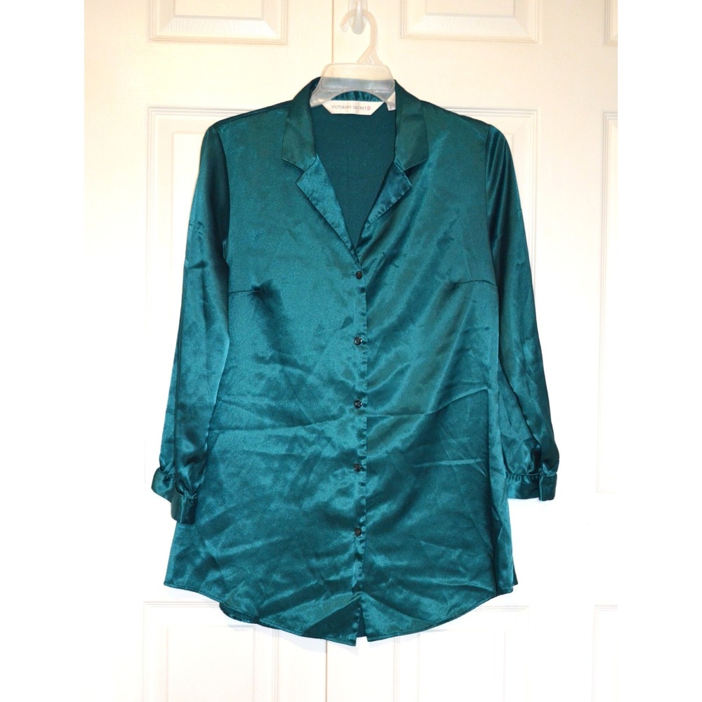 Victoria's‎ Secret Green Satin Pajama Night Shirt Womens Size M Button Front